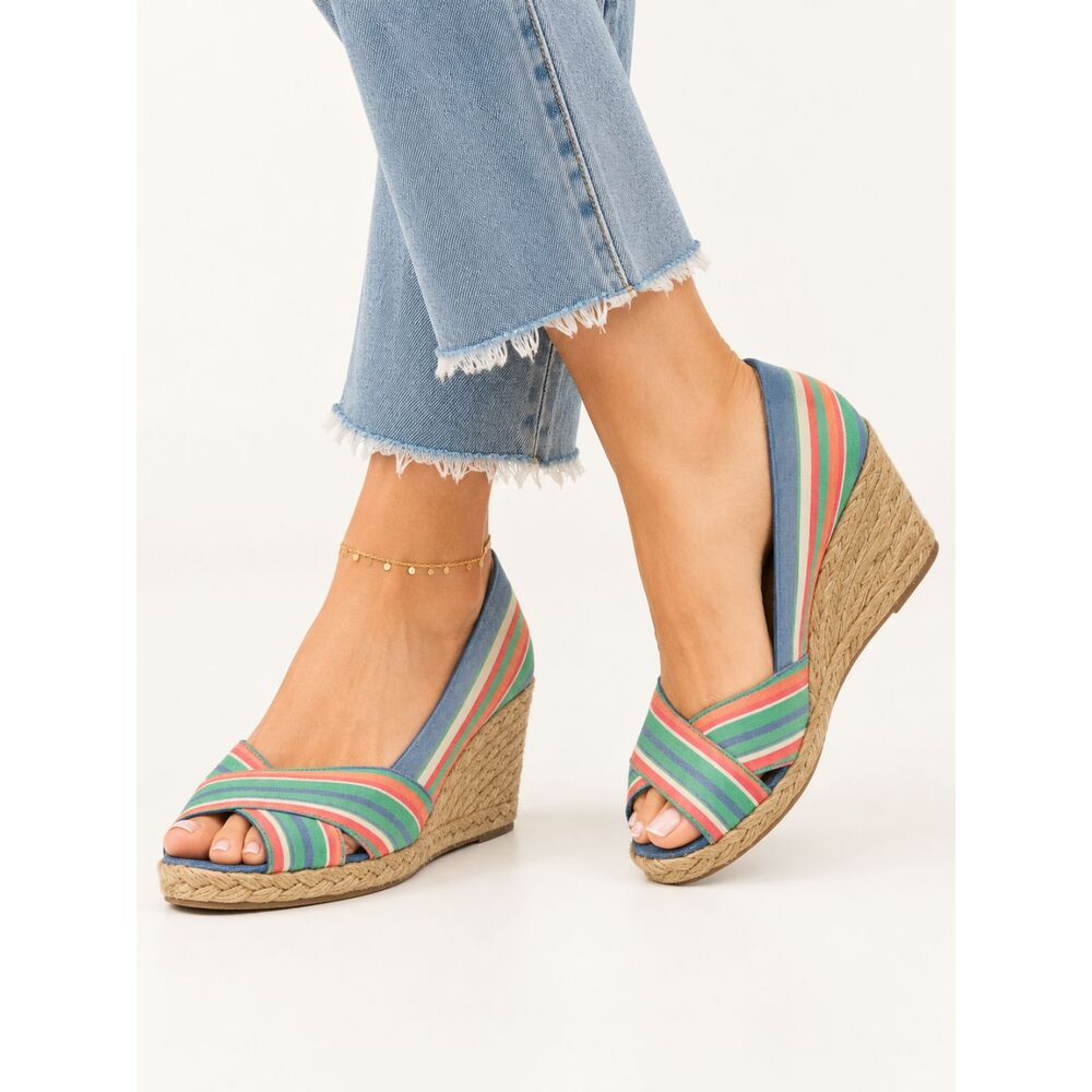 Lauren Ralph Lauren Cecilia Espadrille Wedges 8.5 Striped Canvas Peep Toe